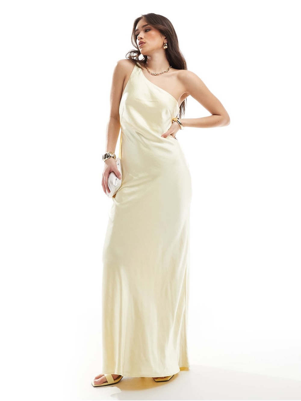NWT- 4th & Reckless satin one shoulder maxi dress in buttermilk yellow- size L